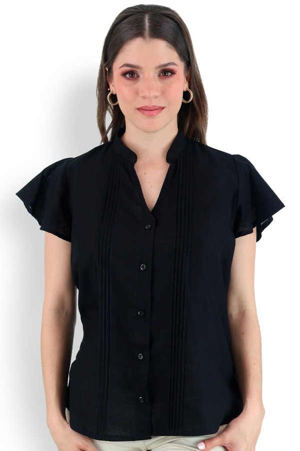 Guayabera Color Negro Cuello Mao Textura Lino Con Alforzas De Mujer